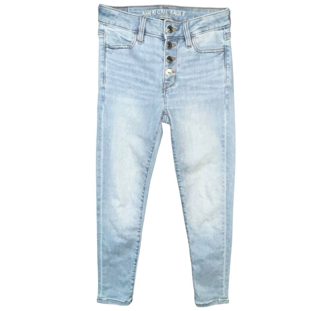 American Eagle Hi Rise Jegging Crop Jeans Light Wash Ripped Button Fly Size 0